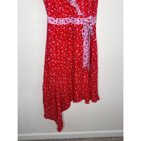Parker Jennifer Kaia Print Ruffle Combo Wrap Midi Dress Red/Pink Women's Size 6 - Picture 5 of 10